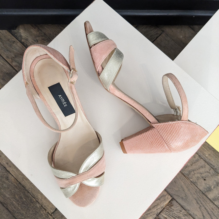 Sandale Grace vieux rose et champagne - Talon cubain 6 cm - Pointure 36